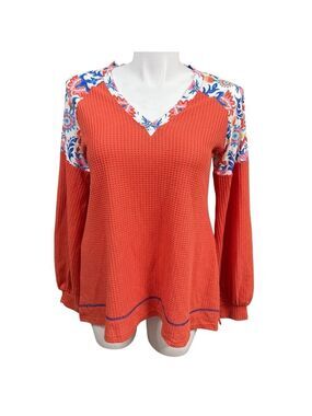 Southern Stitch Orange Waffle Knit Floral Patchwork Long Sleeve Top‎ Size L